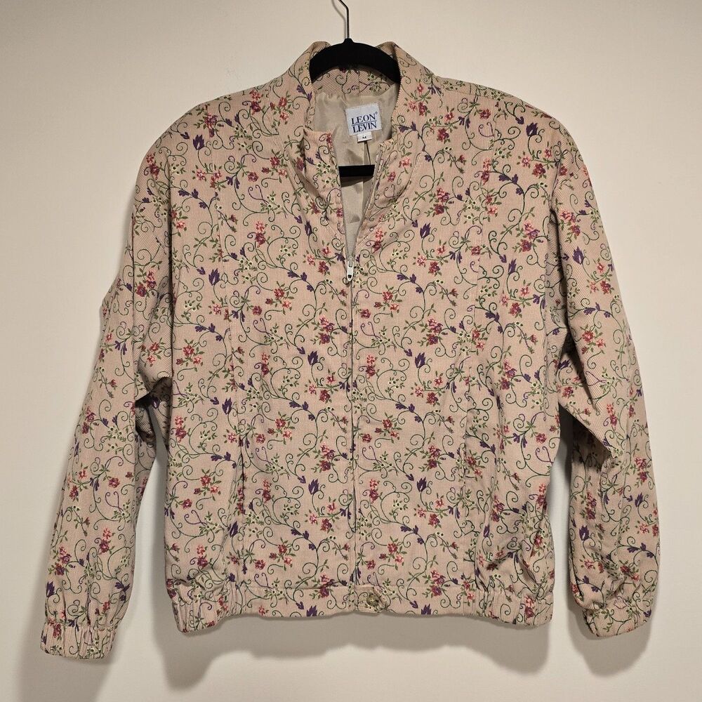 Vintage Corduroy Cottagecore Bomber Jacket Floral Medium Womens Full Zip 80s 90s